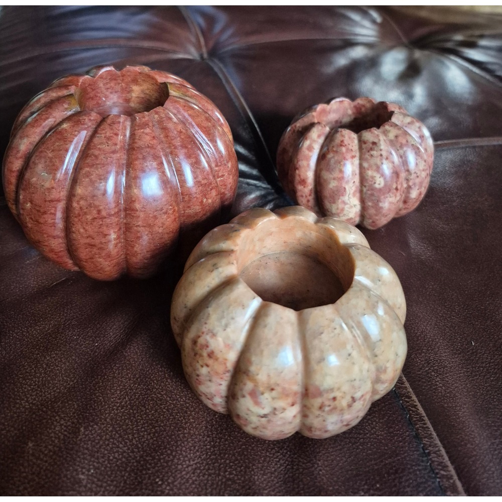 Crate & Barrel Stone Pumpkin Tealight Holders Set of 3 Neutral Fall Home Decor